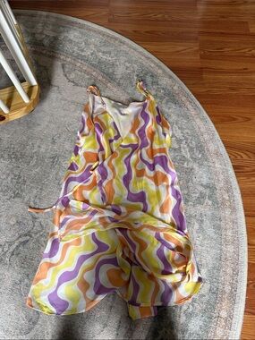 Gorgeous Vibrant Swirl Satin Wrap dress in Yellow, Purple & Orange